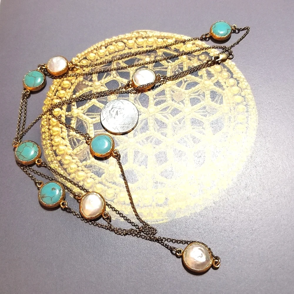 VTG 44" Gold Vermeil Turquoise & Coin Pearl Station Necklace - Picture 4 of 6